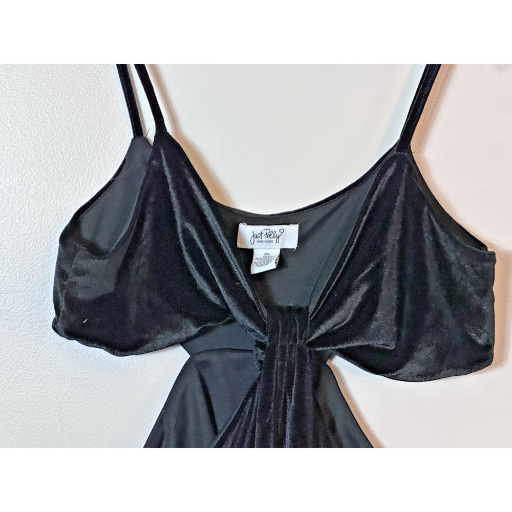 Just Polly Dress Womens Size XL Black Draped Waist Cutout Slit Midi Party Velour - Picture 2 of 9